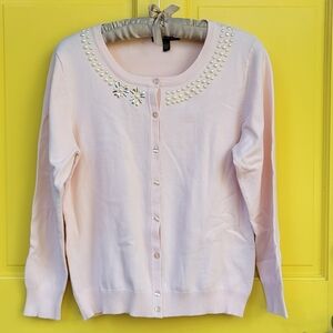 Top Knits Balletcore Pearl Mixed-Metal Embellished Petal Pink Cardigan Sweater L
